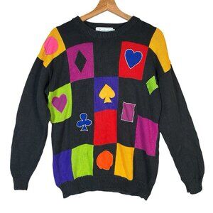 VTG 90s Santoria Sweater M Retro Casino Playing Card Suits Multicolor Checkered